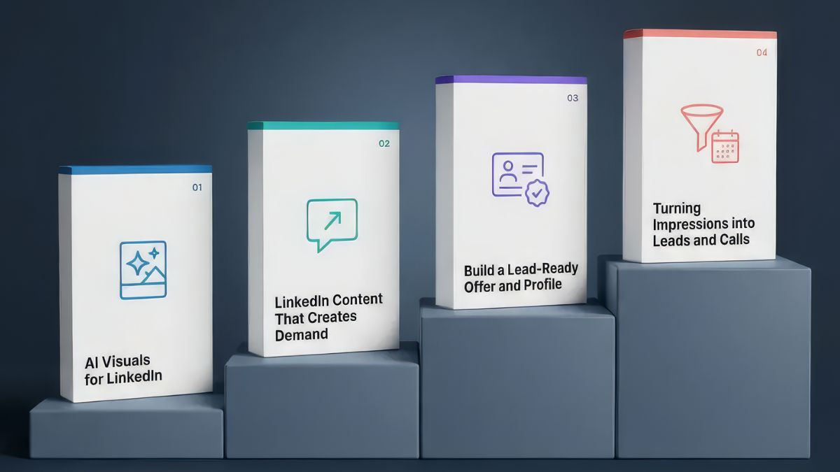 The four courses: AI Visuals for LinkedIn, LinkedIn Content That Creates Demand, Build a Lead-Ready Offer and Profile, Turning Impressions into Leads and Calls