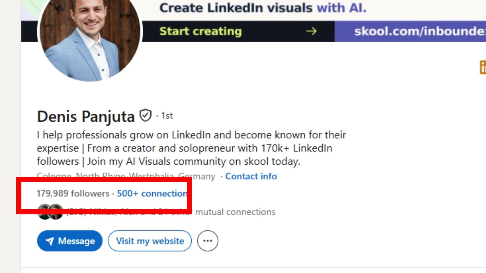 Denis Panjuta's LinkedIn profile showing 179,989 followers